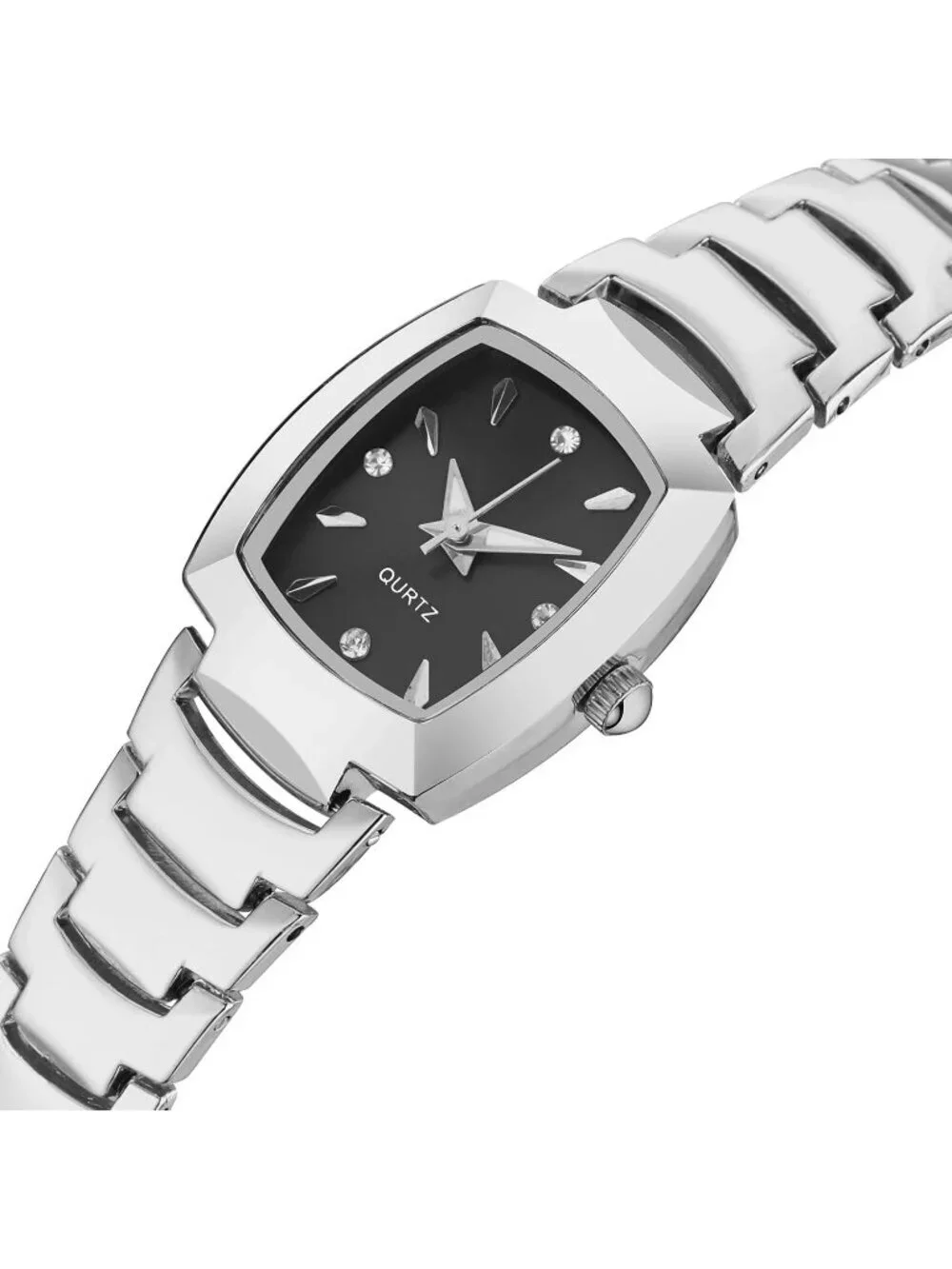 Women's Silver Black Analog Steel Dainty Rectangle Waterproof Square Wrist Watch